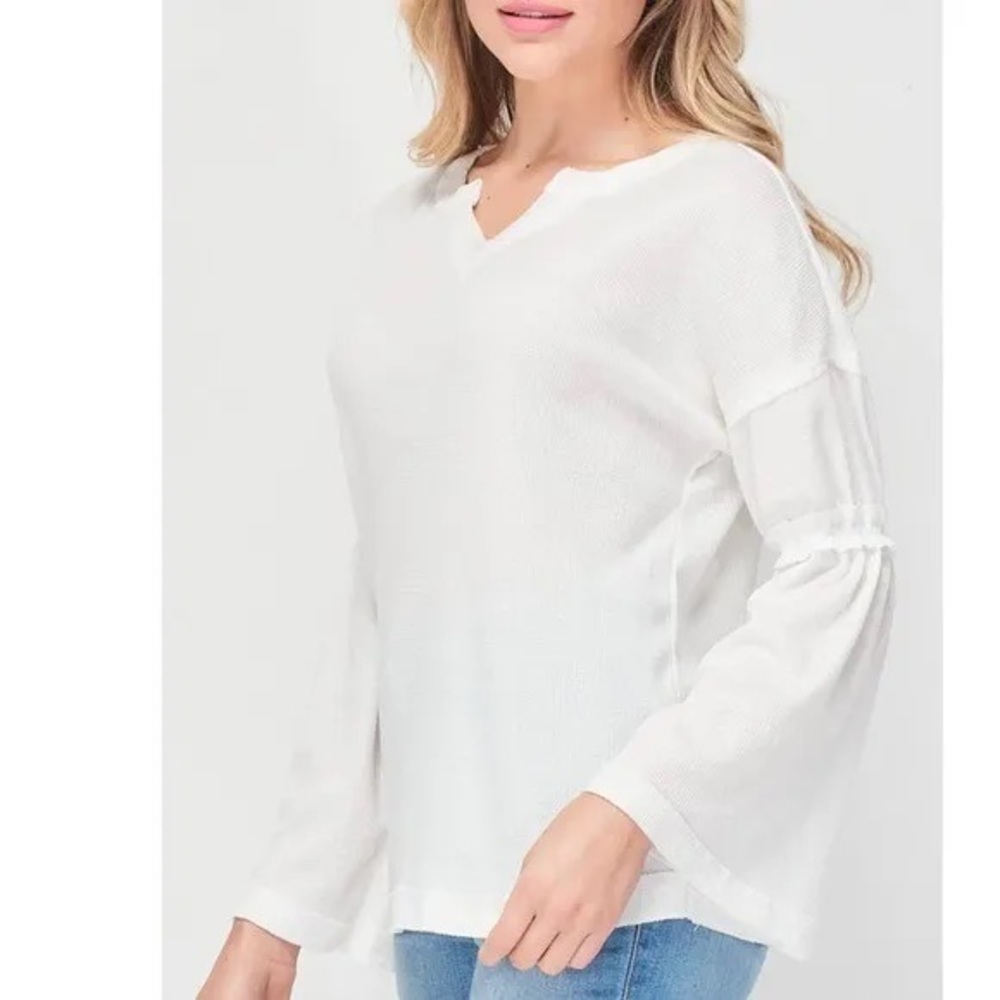 Baea Womens White Flare Sleeve V Neck Waffle Knit Thermal Top Shirt Size XL. - Picture 2 of 6